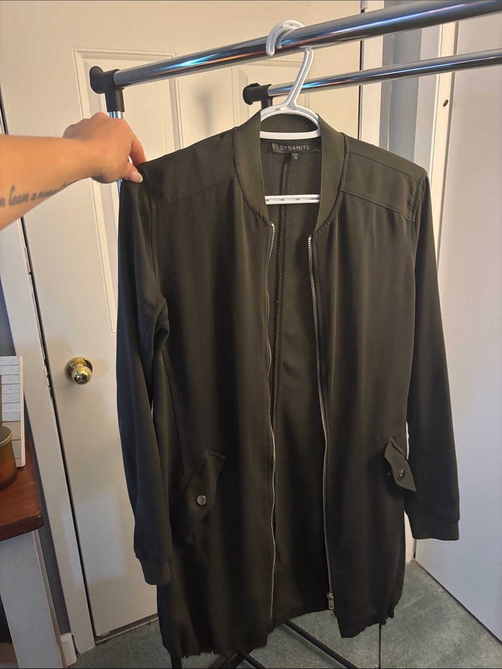 Dynamite Olive-Style Long Bomber Coat